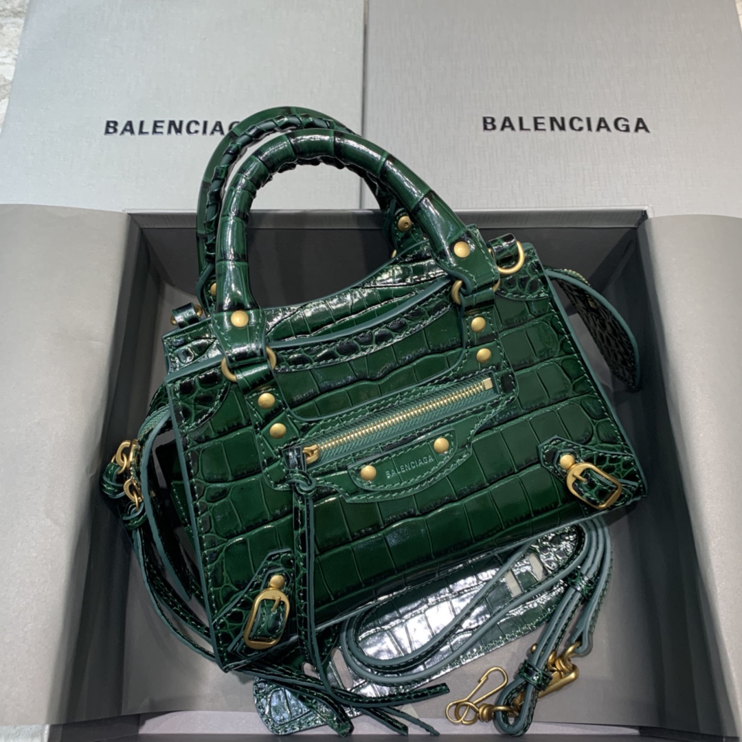 Balenciaga Neo Classic Mini Handbag Crocodile Embossed Shoulder Bag Green